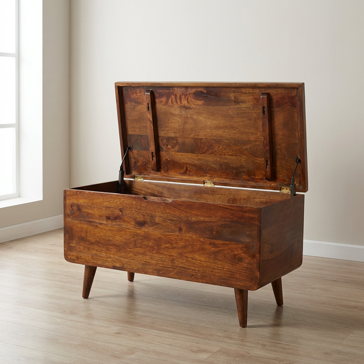 Curved Chestnut Blanket Box - Solid Mango Wood Storage Trunk for Bedroom - main view showing handcrafted solid mango wood...