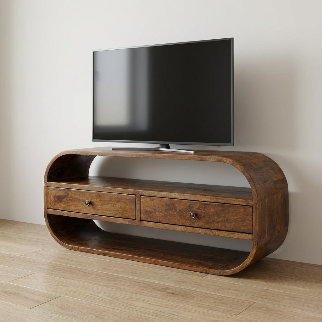 Chestnut Curved Edge TV Stand - Solid Mango Wood Entertainment Center for Living Room - main view showing handcrafted...