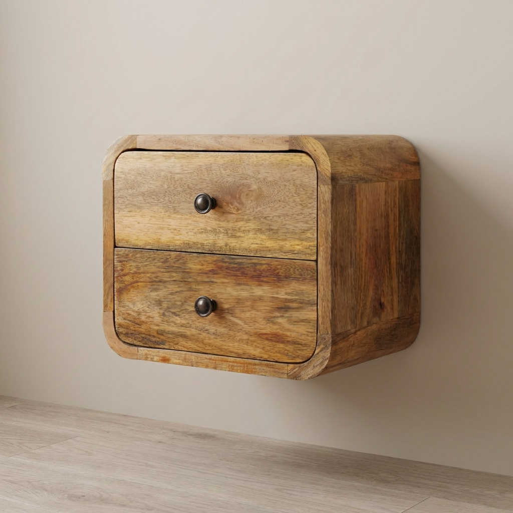 Mini Curve Oak-ish Floating Nightstand - Solid Mango Wood Bedside Table for Bedroom - main view showing handcrafted solid...