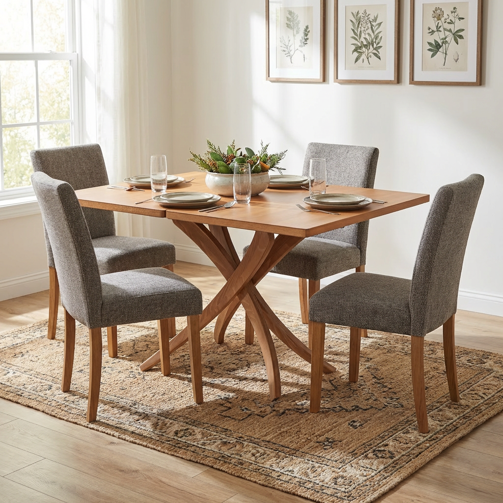 Solid beech wood adjustable height extendable dining table set with four grey chairs in a bright room.