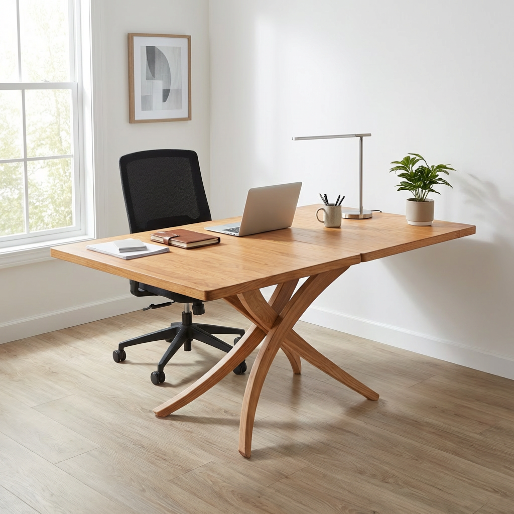 Solid beech wood adjustable height writing desk with lift top surrounded by modern office decor.