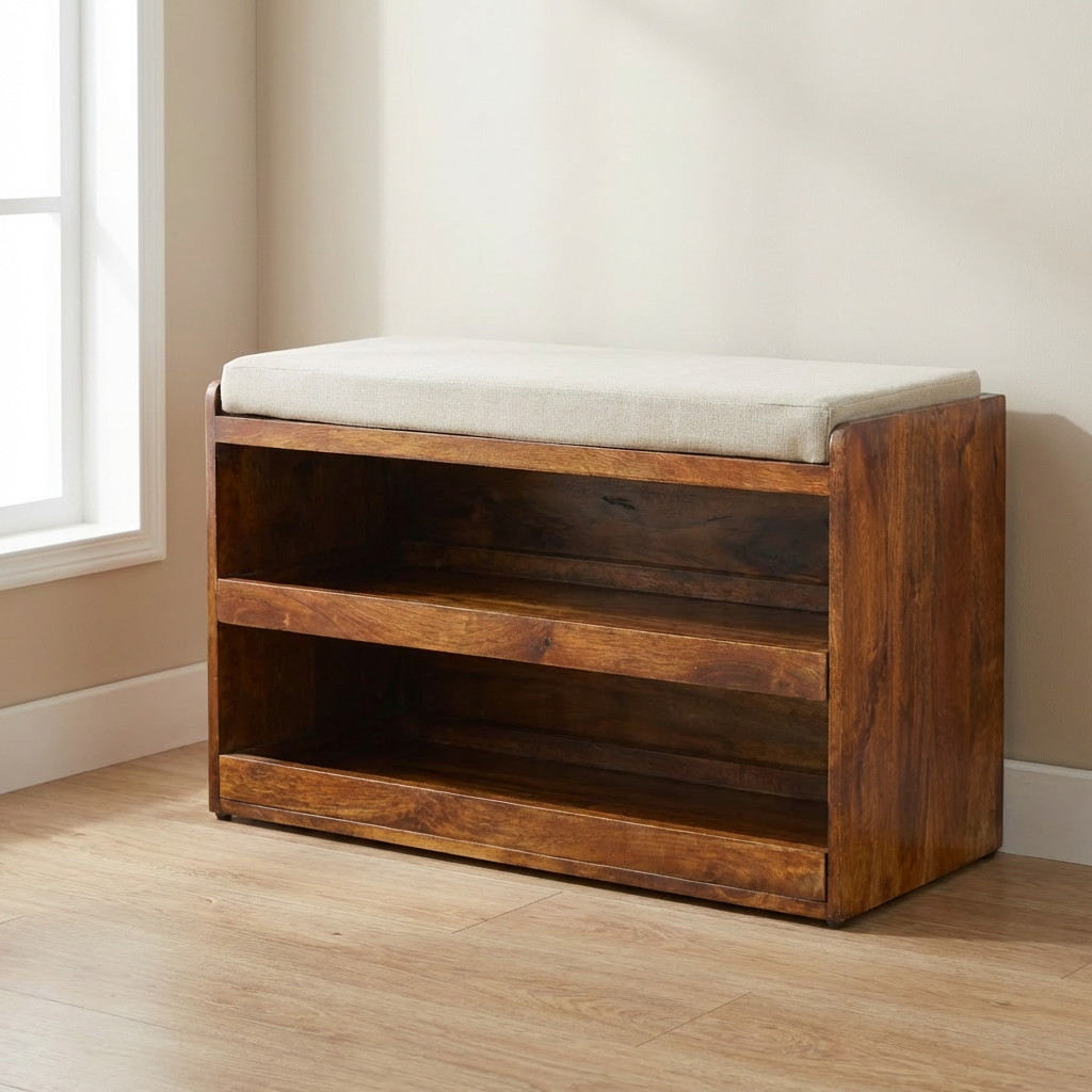Rustic Mud Linen Shoe Bench - Solid Mango Wood Seating Furniture for Entryway - main view showing handcrafted solid mango...