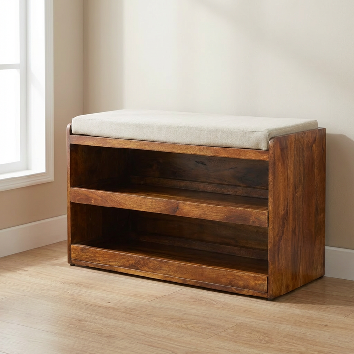 Rustic Mud Linen Shoe Bench - Solid Mango Wood Seating Furniture for Entryway - main view showing handcrafted solid mango...