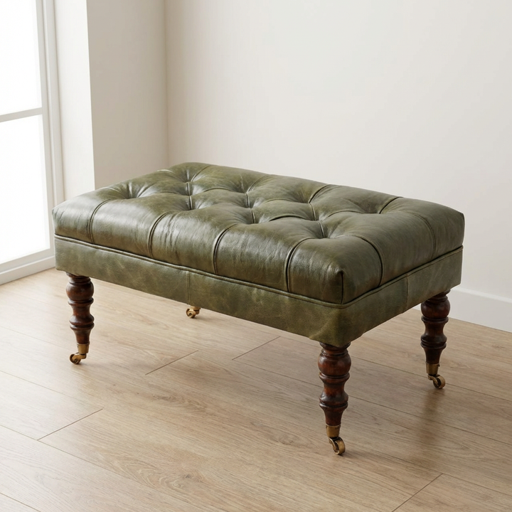 Buffalo Green Leather Ottoman - Solid Mango Wood Accent Stool for Living Room - main view showing handcrafted solid mango...