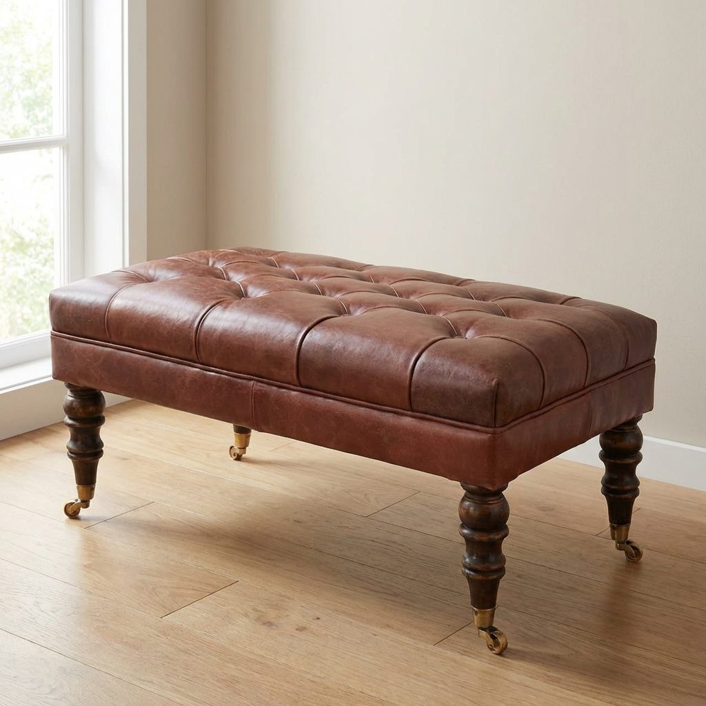 Buffalo Brown Leather Ottoman - Solid Mango Wood Accent Stool for Living Room - main view showing handcrafted solid mango...