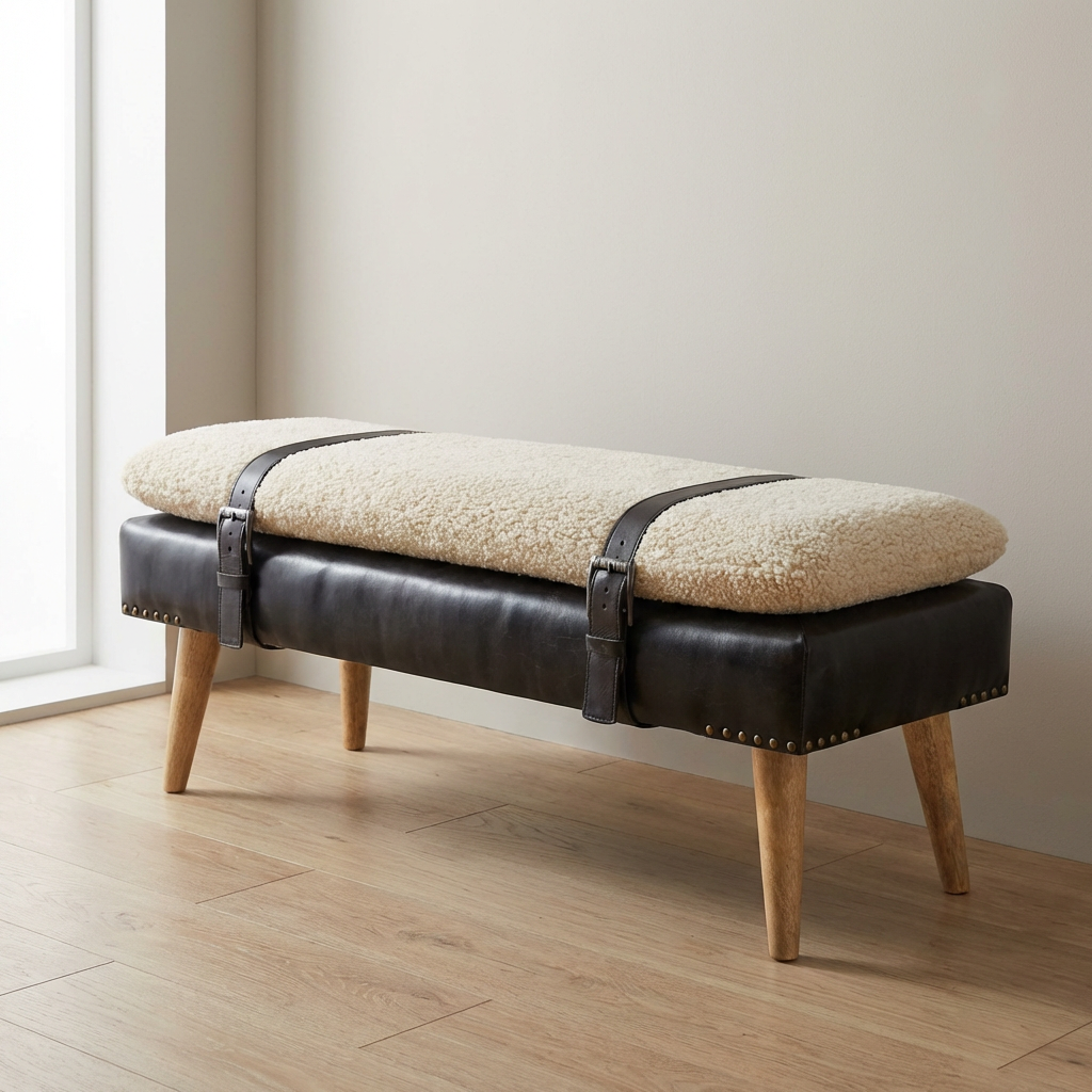 Bouclé Buffalo Hide Black Leather Bench - Solid Mango Wood Seating Furniture for Entryway - main view showing handcrafted...