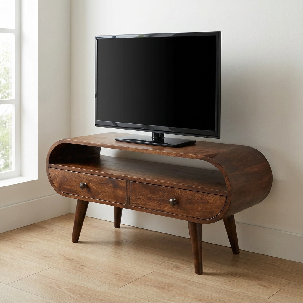 Walnut Curved Media Unit in Solid Mango Wood