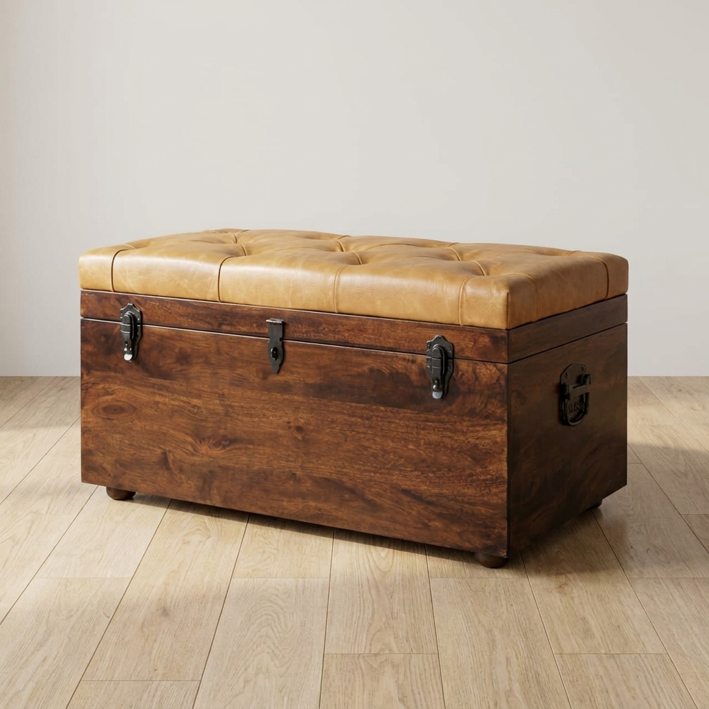 Walnut Storage Trunk Bench with Tan Leather Seat in Solid Mango Wood