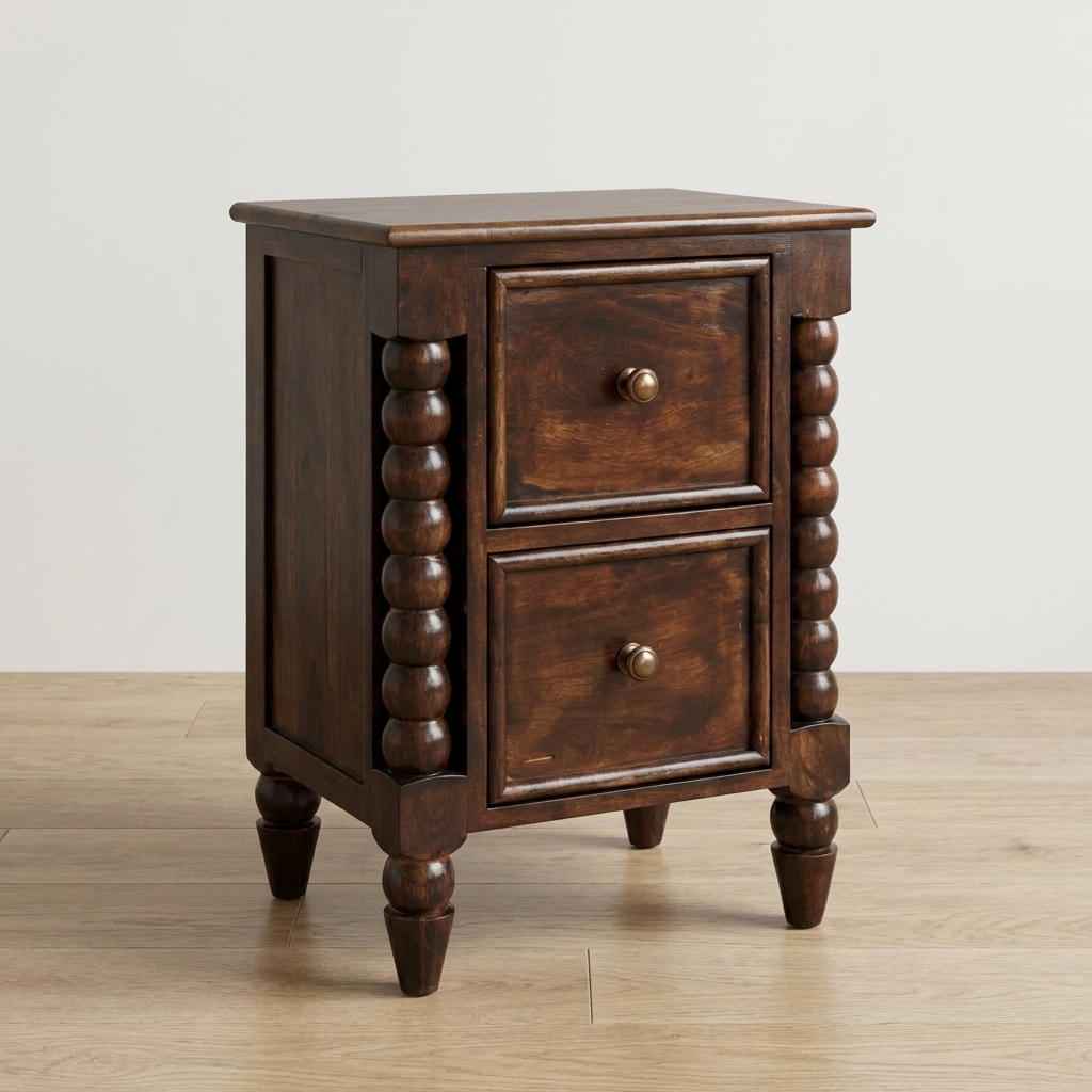 California Walnut Spindle Bedside Table in Solid Mango Wood
