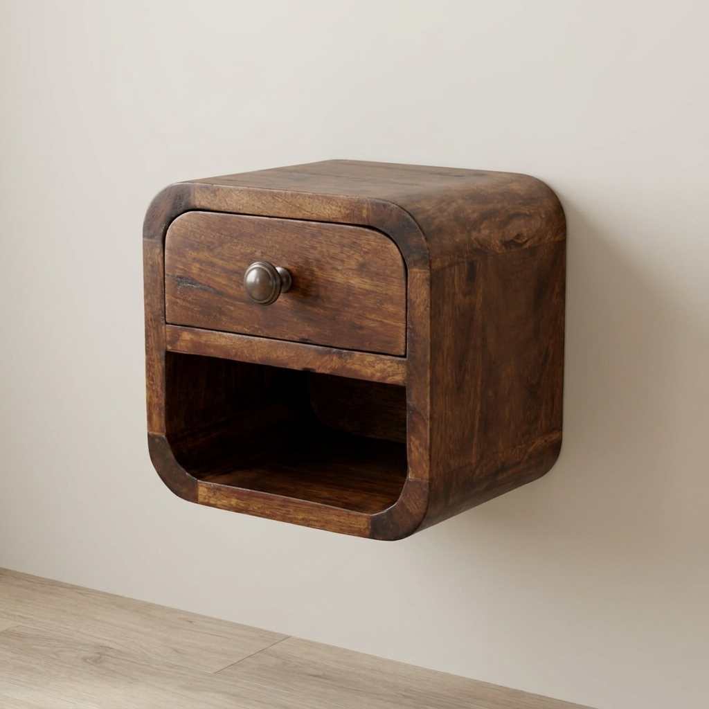 California Walnut Curved Wall-Mounted Bedside Table in Solid Mango Wood