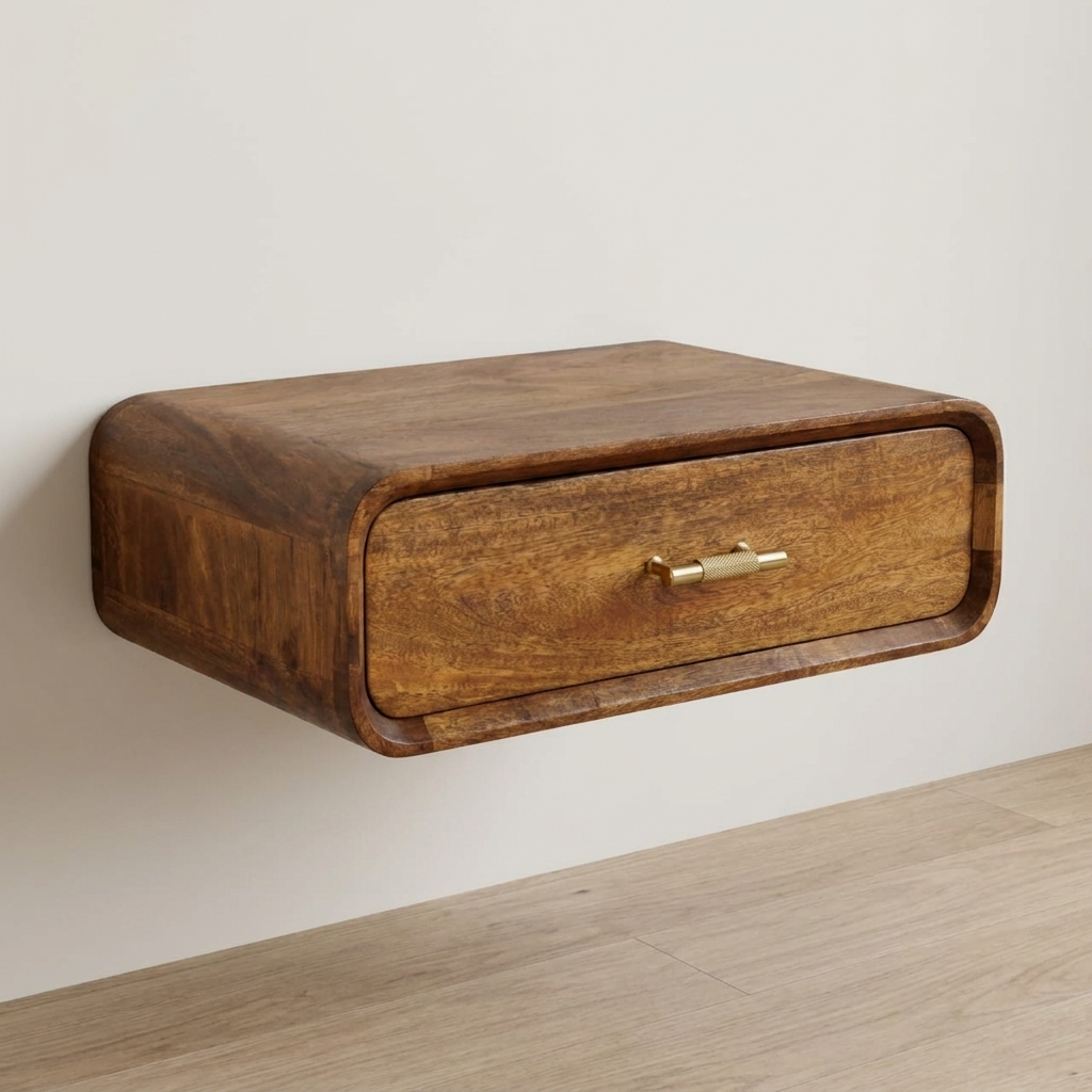 Amber Oak Curved Floating Bedside Table in Solid Mango Wood