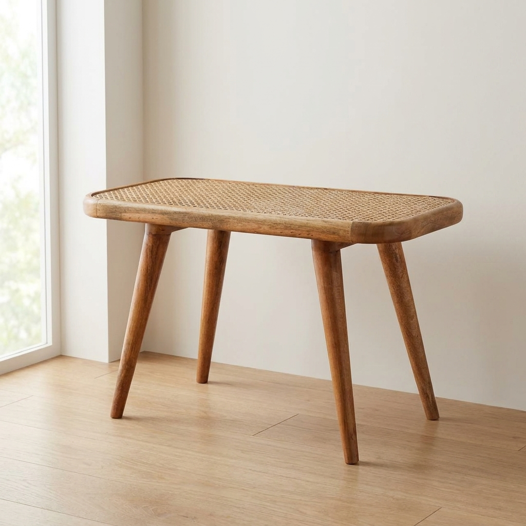 Larissa Rattan Bench - Solid Mango Wood Seating Furniture for Entryway