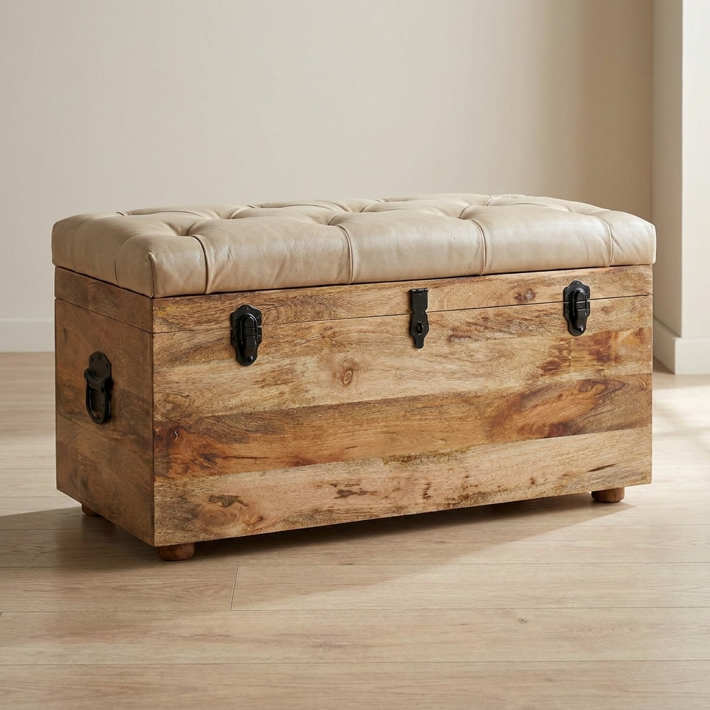 Mid-Century Modern Beige Buffalo hide leather Storage Trunk - Solid Mango Wood Blanket Chest for Bedroom
