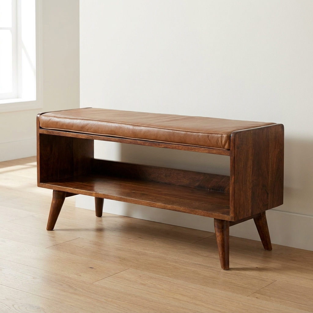 Mid-Century Modern Chestnut Bench - Solid Mango Wood Seating Furniture for Entryway