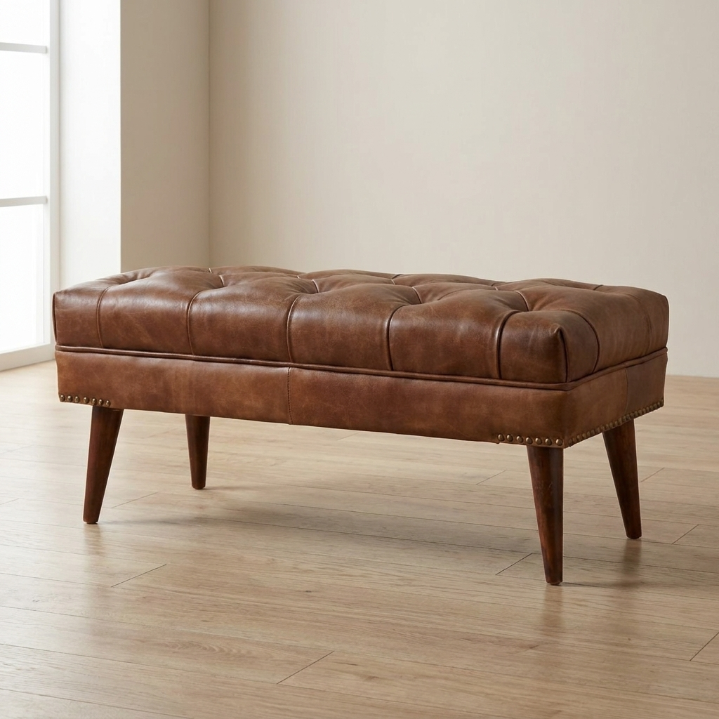 Handcrafted Harbour Brown Leather Bench - Solid Mango Wood Seating Furniture for Entryway