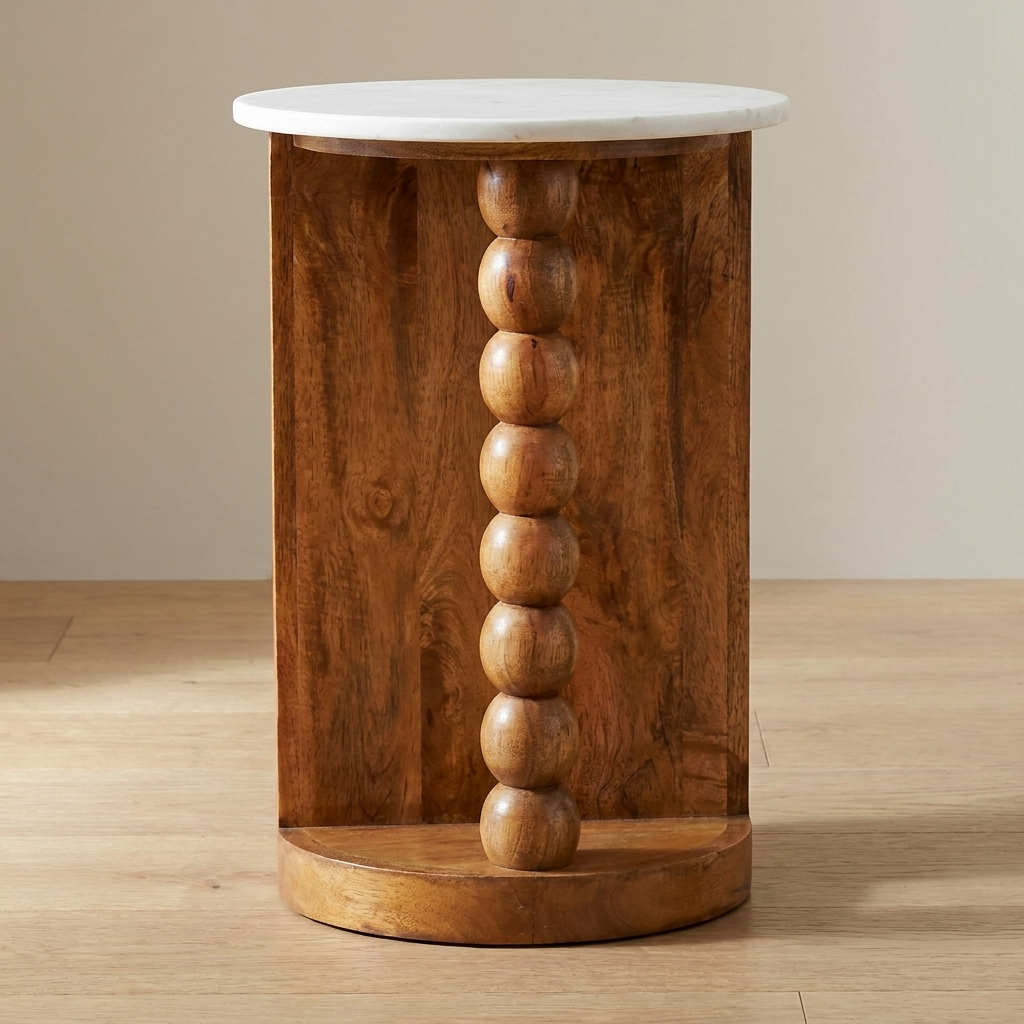 Amber Oak Marble Top Spindle Side Table in Solid Mango Wood