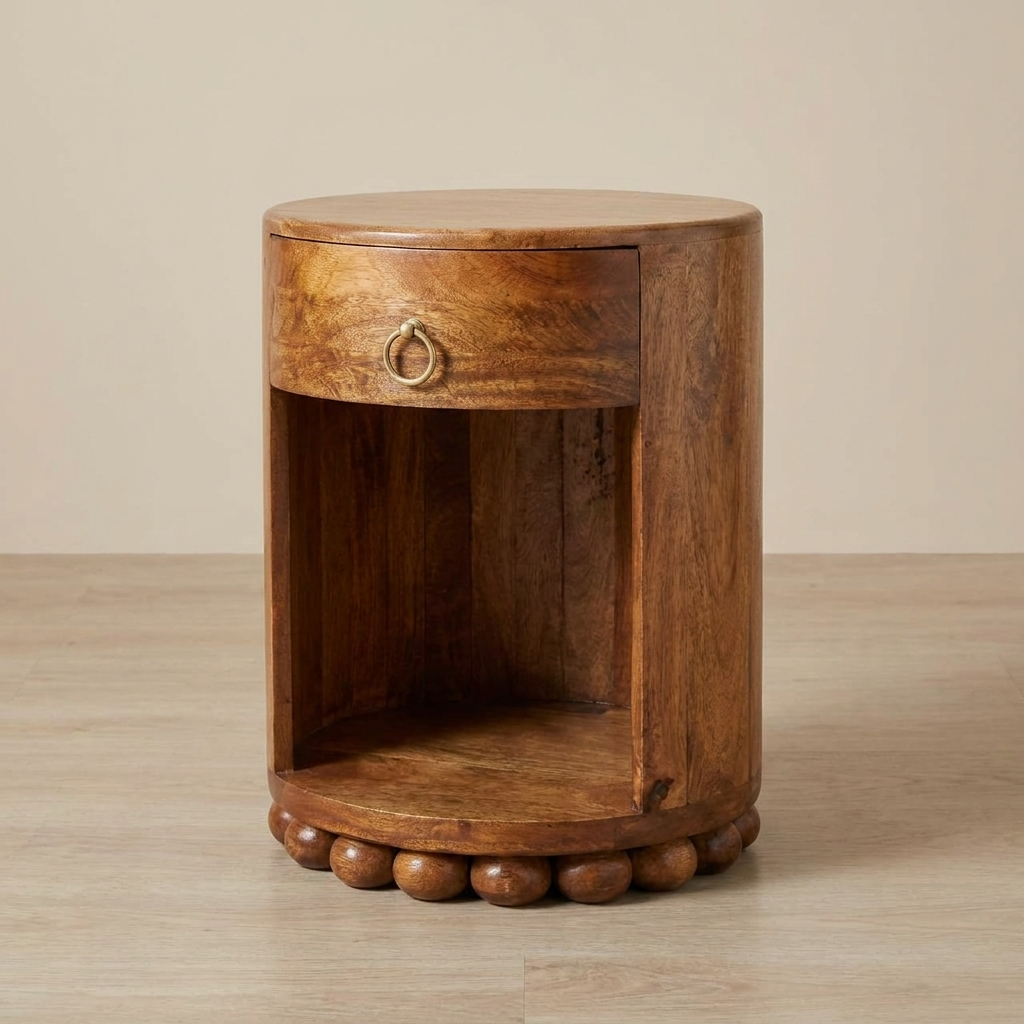 Amber Oak Bola Round Side Table in Solid Mango Wood