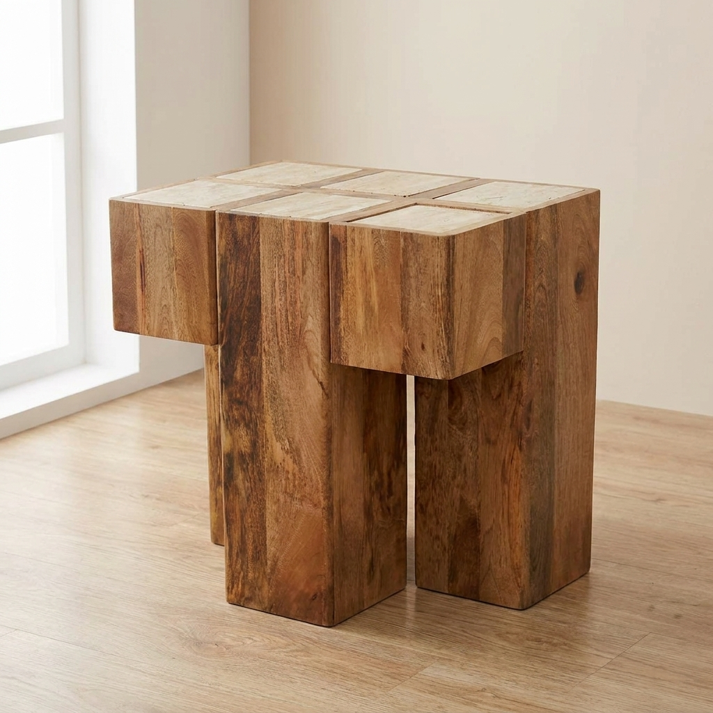 Oak-ish Travertine Top Block Side Table in Solid Mango Wood