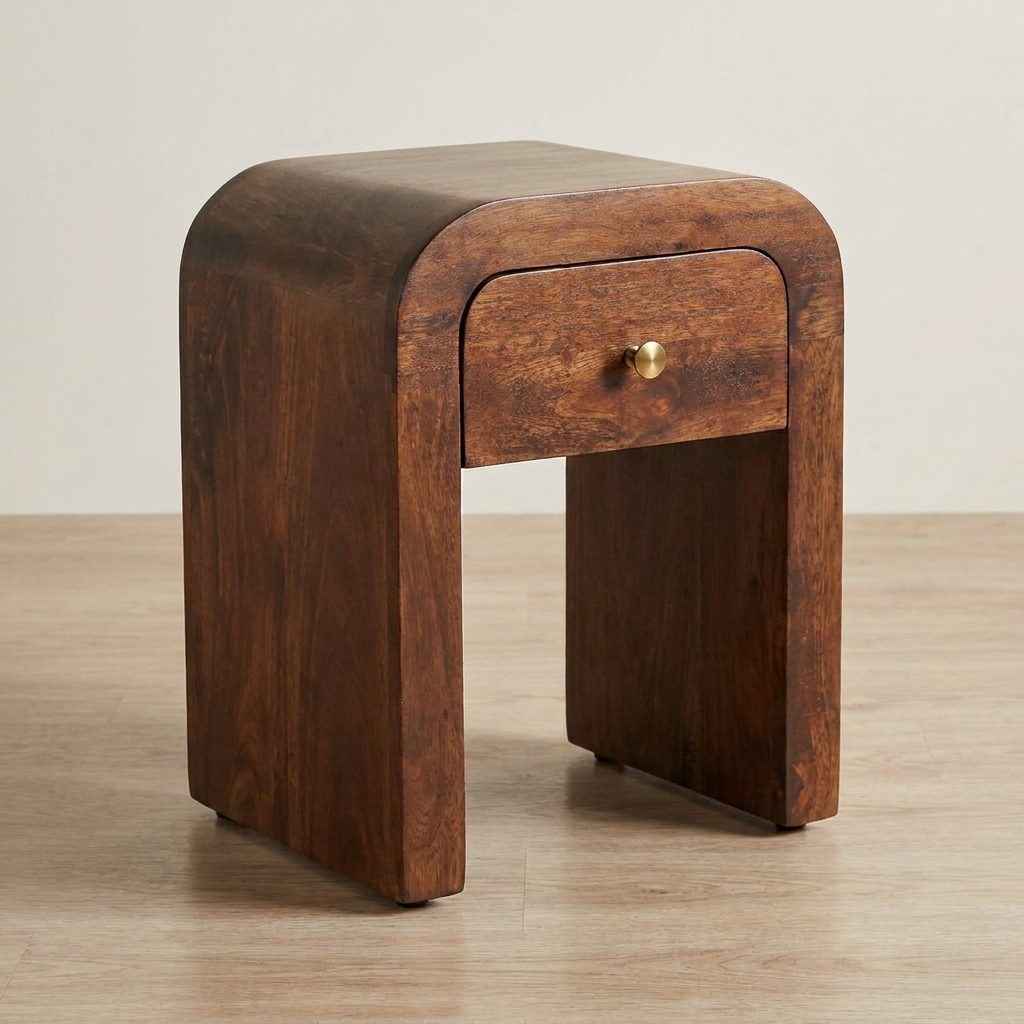 Roasted Almond Curved Bedside Table in Solid Mango Wood