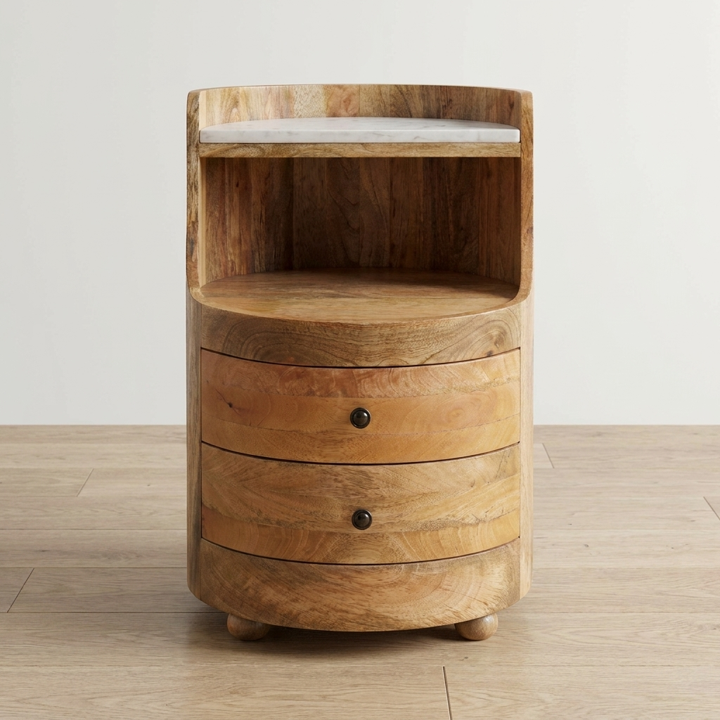 Oak-ish Curved Bedside Table with Marble Top in Solid Mango Wood