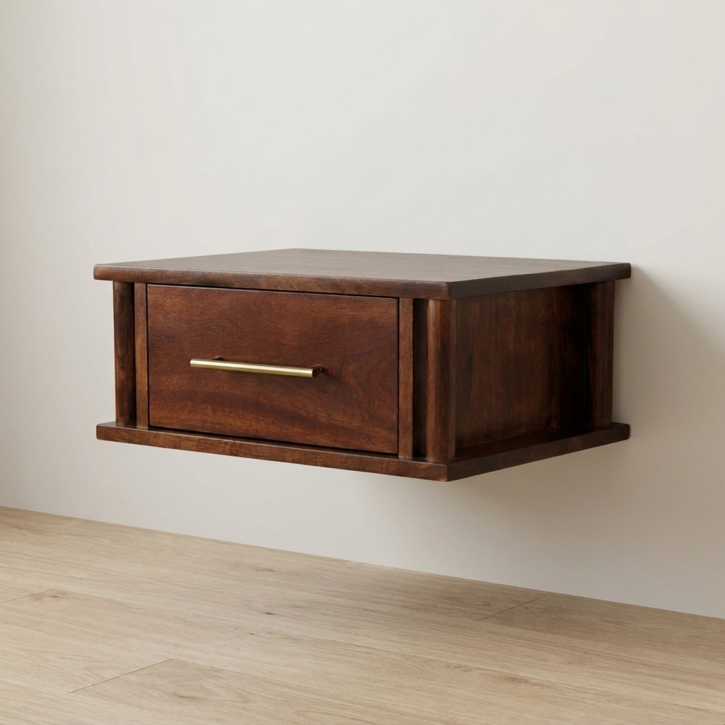 Winewood Oak Wall-Mounted Bedside Table with Brass Handle