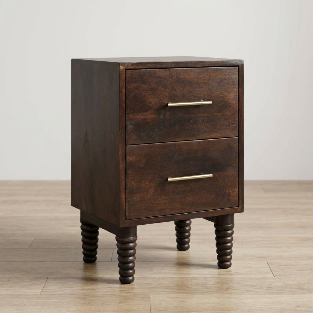 Velvet Mocha Spindle Bedside Table in Solid Mango Wood