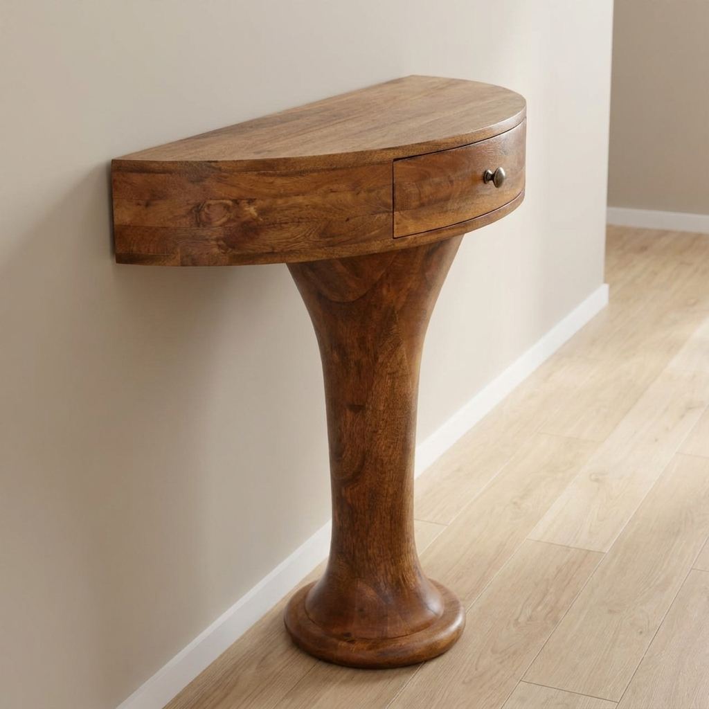 Amber Oak Pedestal Console Table in Solid Mango Wood
