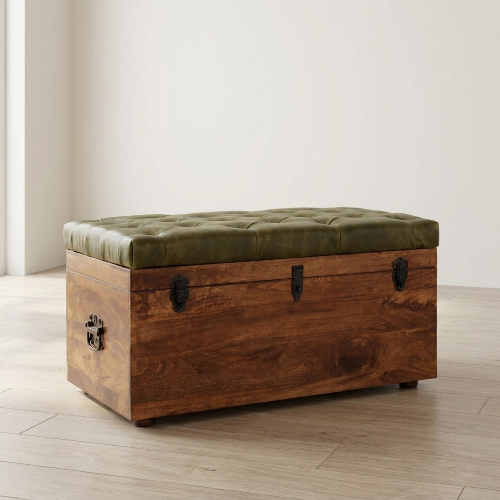 Roasted Almond Storage Trunk Bench in Solid Mango Wood