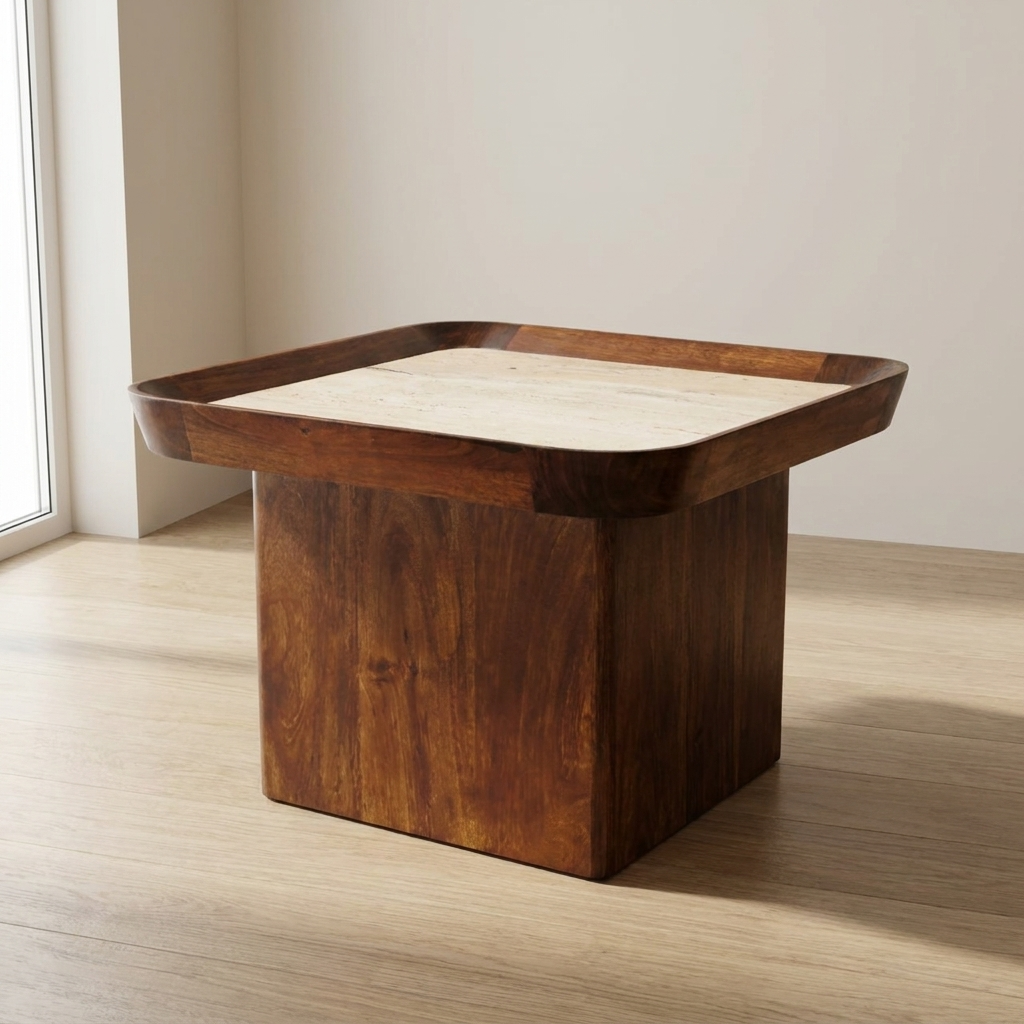Chestnut Travertine Top Tray Coffee Table in Solid Mango Wood