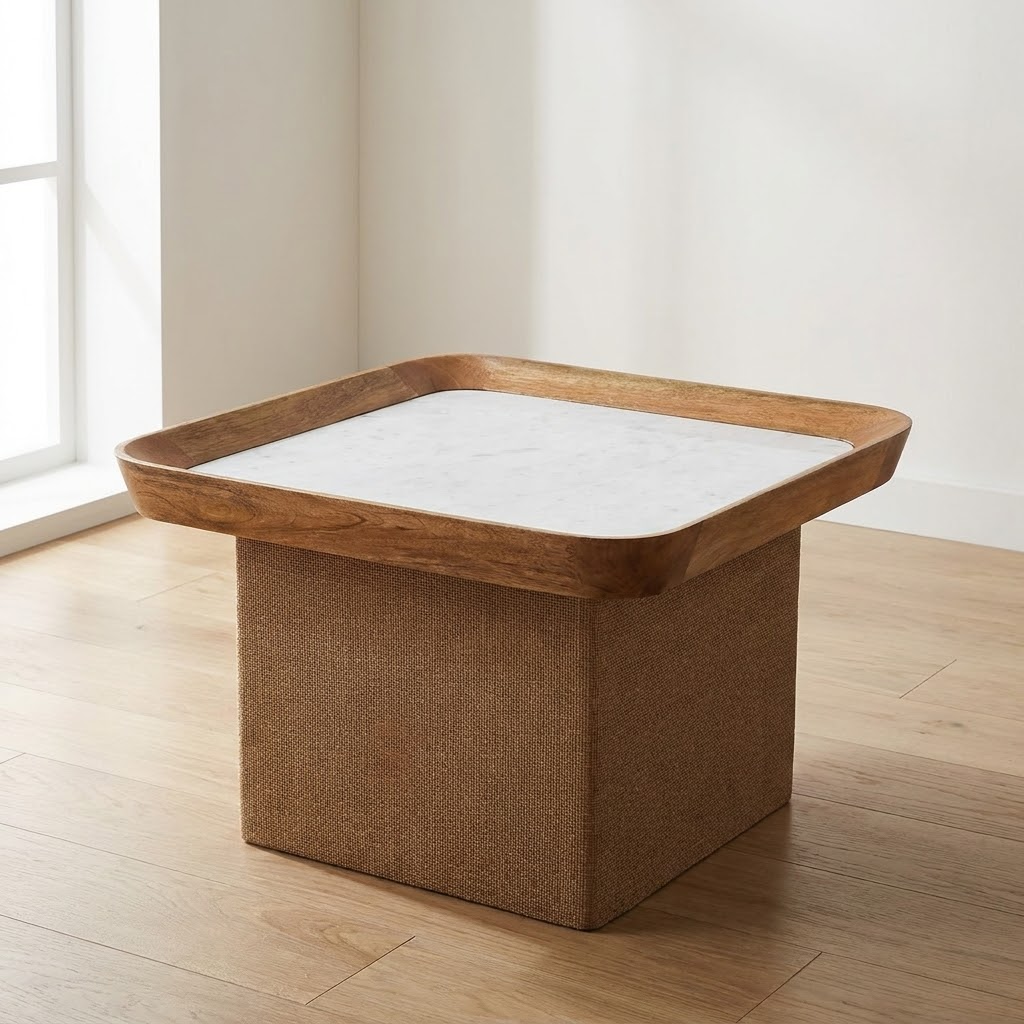 Oak-ish Marble Top Chatai Coffee Table in Solid Mango Wood