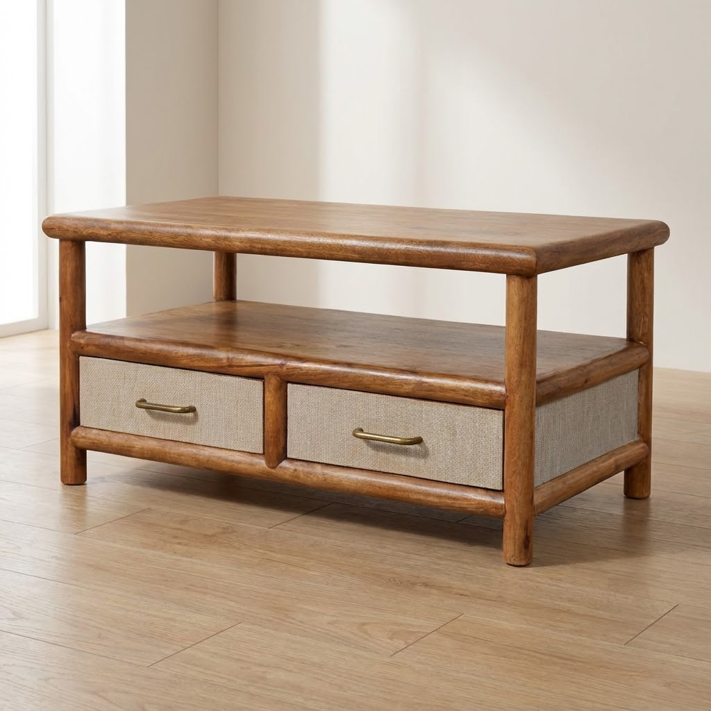 Golden Teak Rattan Coffee Table in Solid Mango Wood
