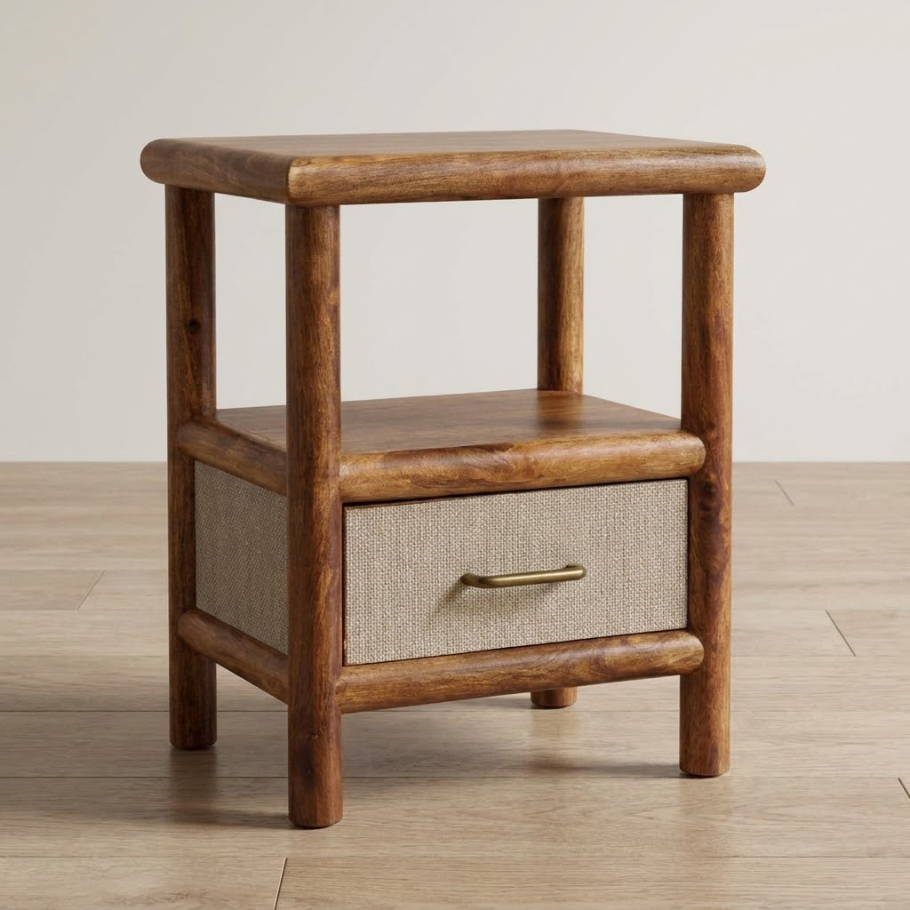 Golden Teak Rattan Bedside Table in Solid Mango Wood