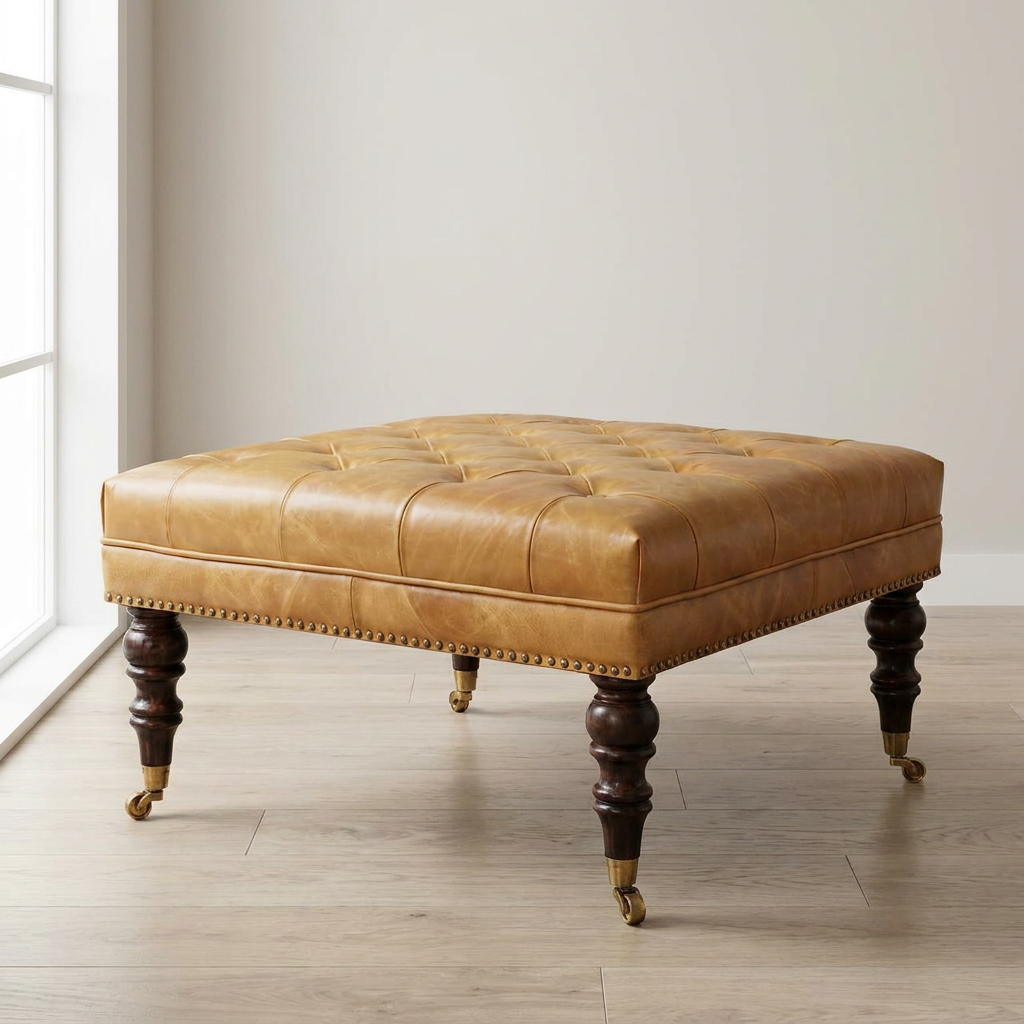Tan Leather Tufted Ottoman – Solid Mango Wood Upholstered Footstool with Brass Castors