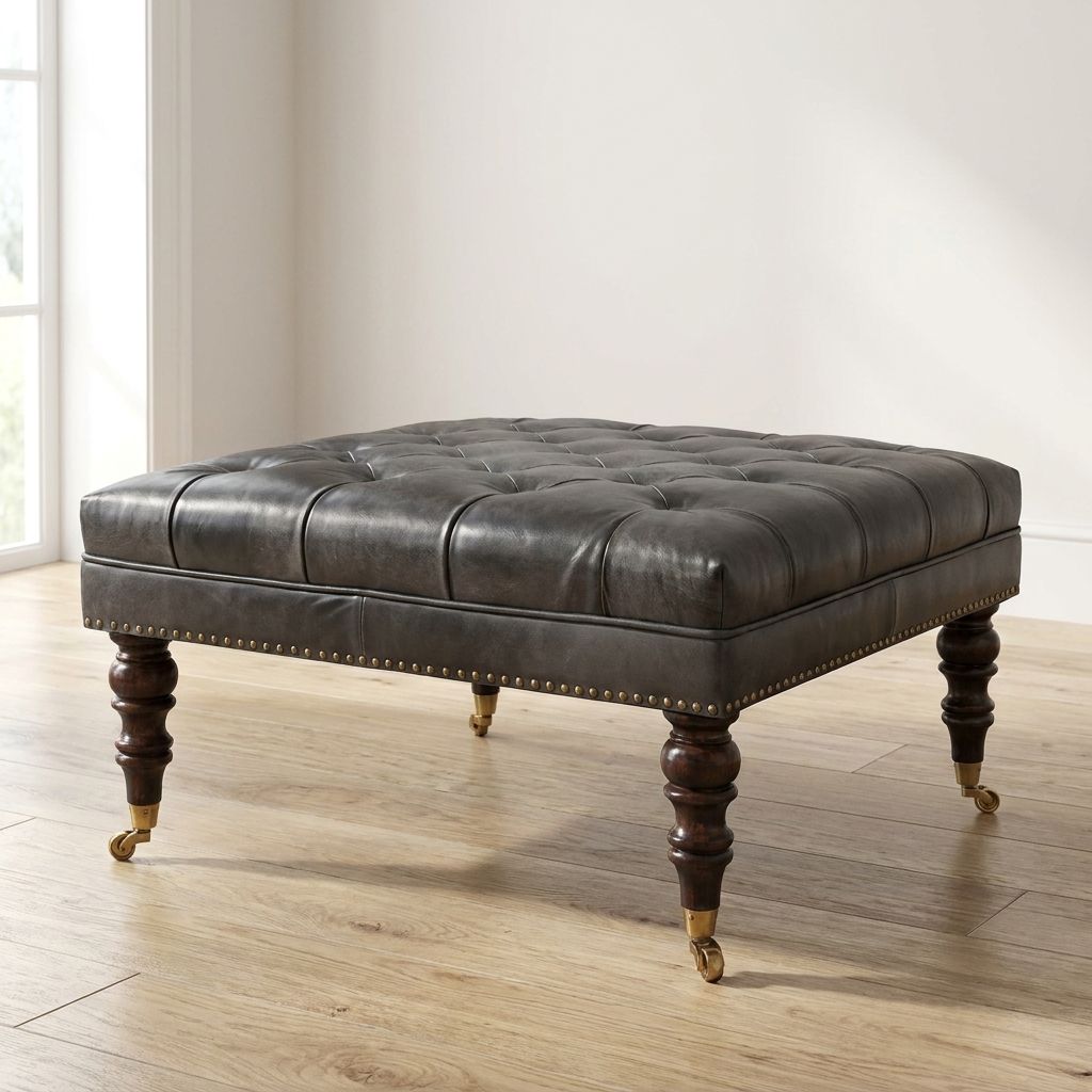 Black Leather Upholstered Ottoman in Solid Mango Wood