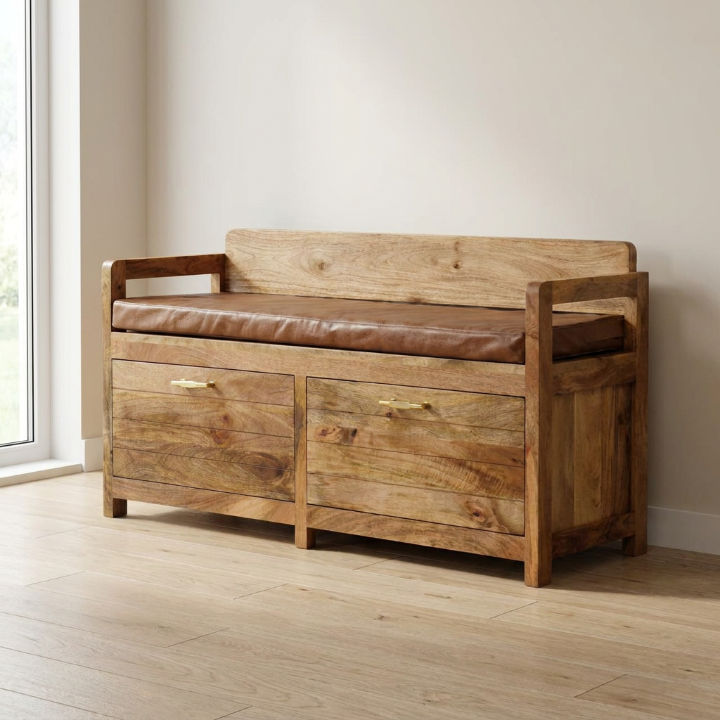 Oak-ish Storage Bench with Brown Leather Seat in Solid Mango Wood