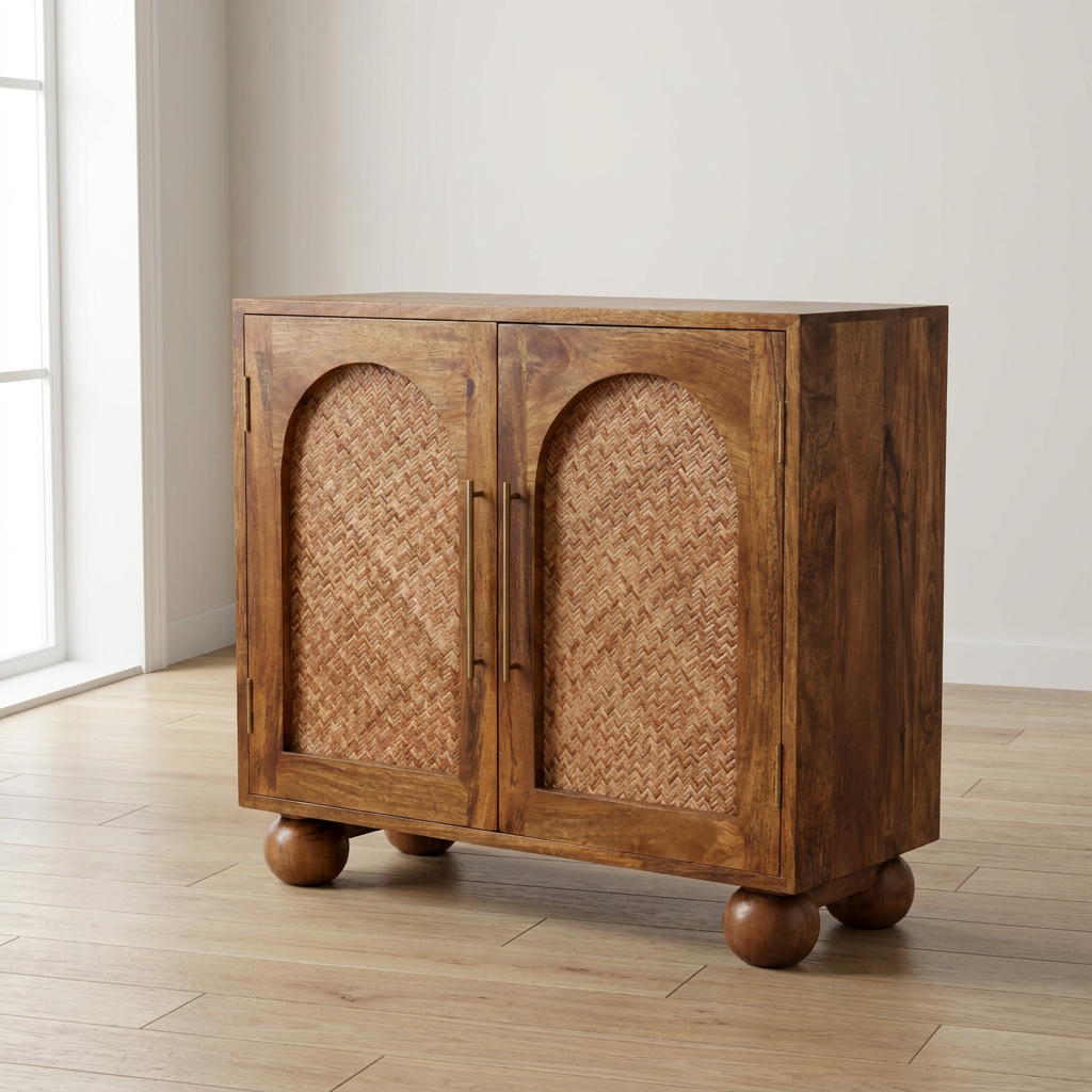 Golden Teak Arched Rattan Sideboard in Solid Mango Wood