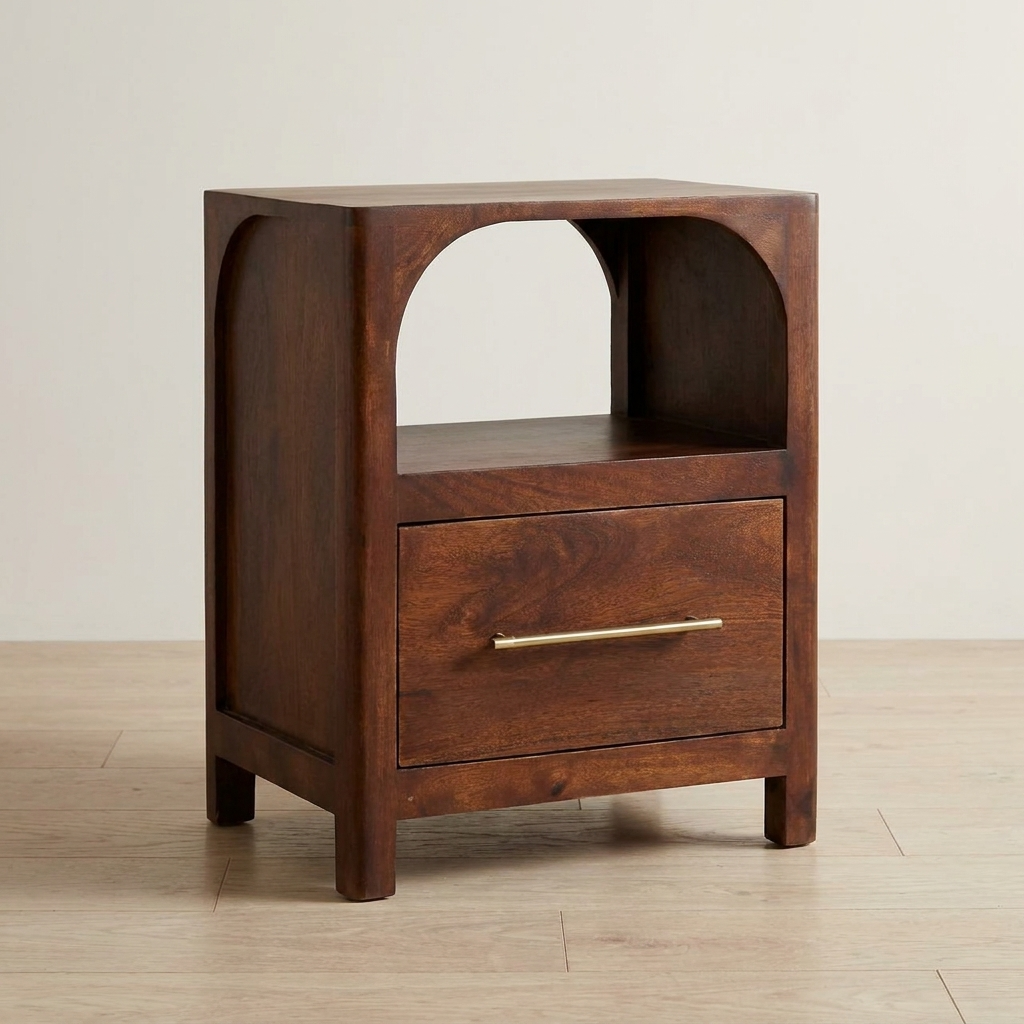 Arched Edge 1 Drawer Nightstand - Solid Mango Wood Bedside Table for Bedroom