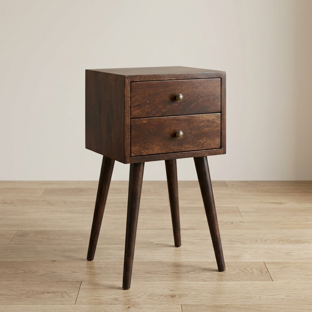 Mid-Century Modern Mini 2 Drawer Light Walnut Nightstand - Solid Mango Wood Bedside Table for Bedroom