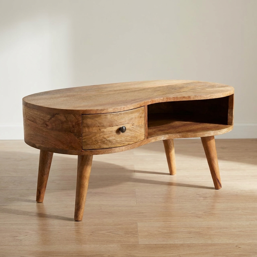Oak-ish Wave Coffee Table - Solid Mango Wood Center Table for Living Room