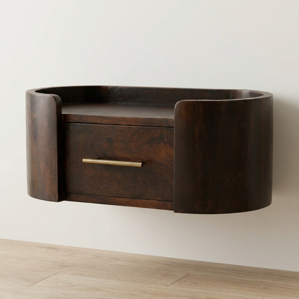 Velvet Mocha Curved Wall-Mounted Nightstand in Solid Mango Wood