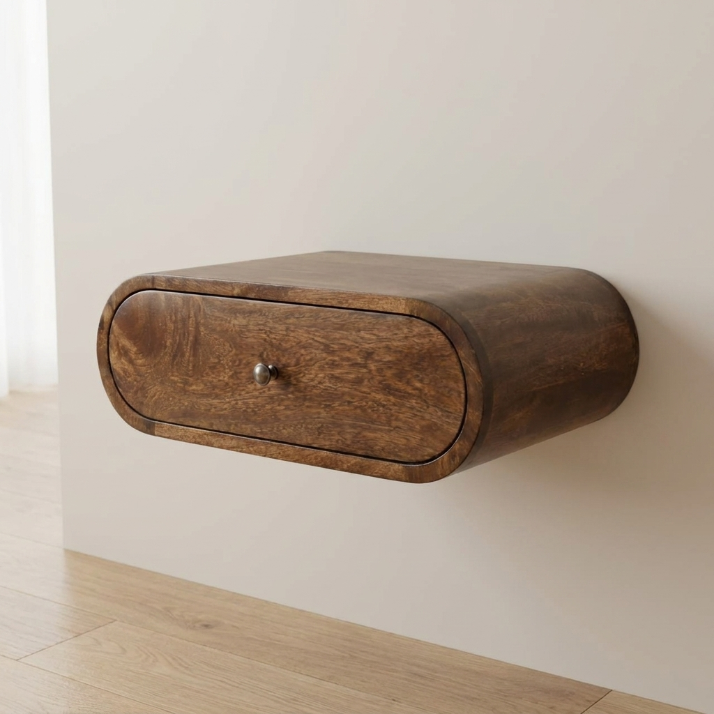 Classic Grey Rounded Wall-Mounted Bedside Table in Solid Mango Wood