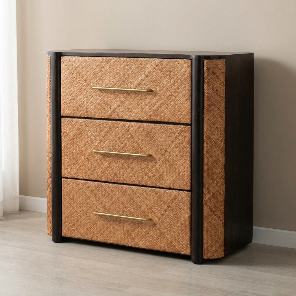 Functional Havana Weave 3 Drawer Dresser - Solid Mango Wood Storage Chest for Bedroom