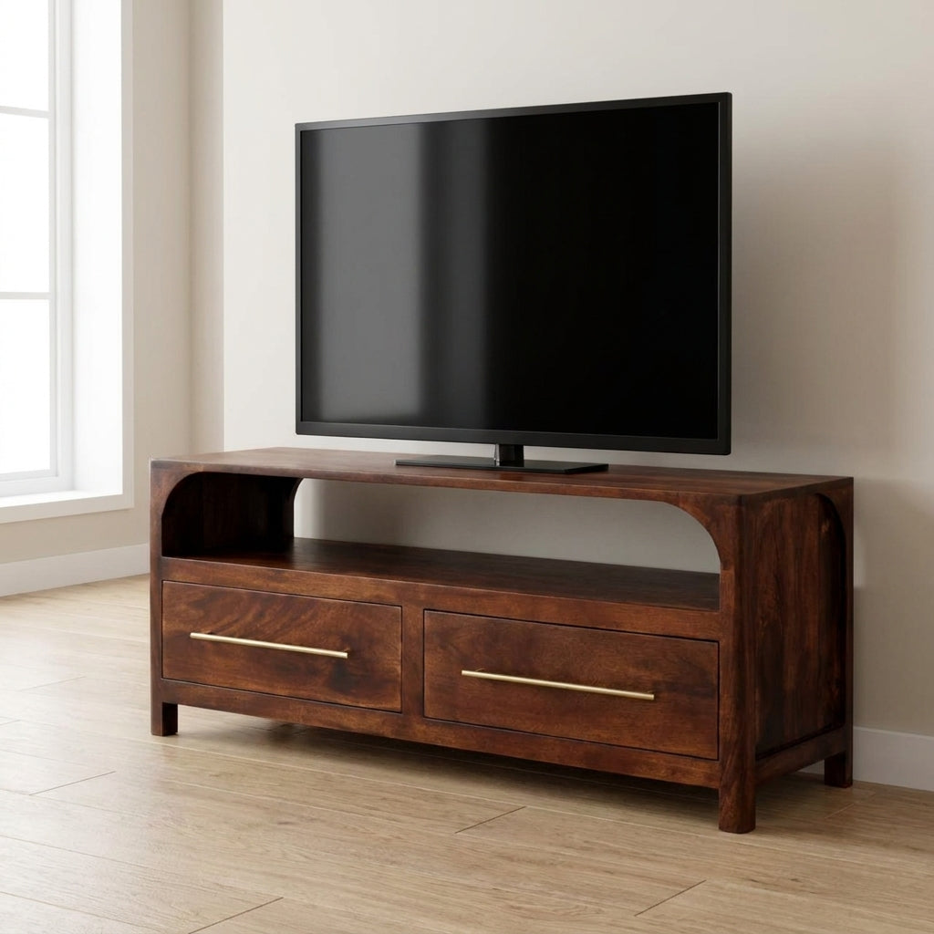 Mid-Century Modern Arched Edge 2 Drawer TV Stand - Solid Mango Wood Entertainment Center for Living Room