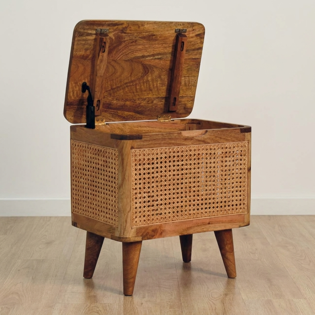 Woven Mango Wood Rattan Storage Stool with Lid-Up