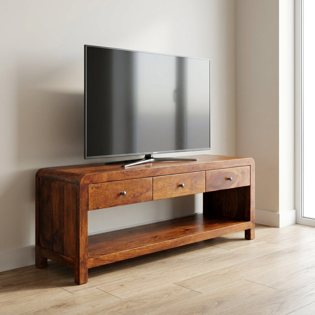 Mid-Century Modern TV Stand - Solid Mango Wood Entertainment Center for Living Room
