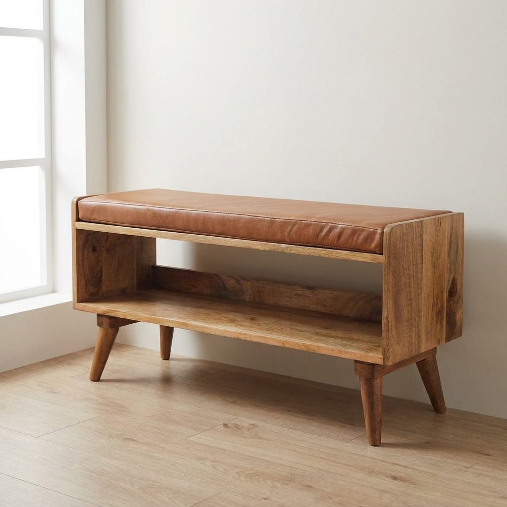 Mid-Century Modern Oak-ish Bench - Solid Mango Wood Seating Furniture for Entryway