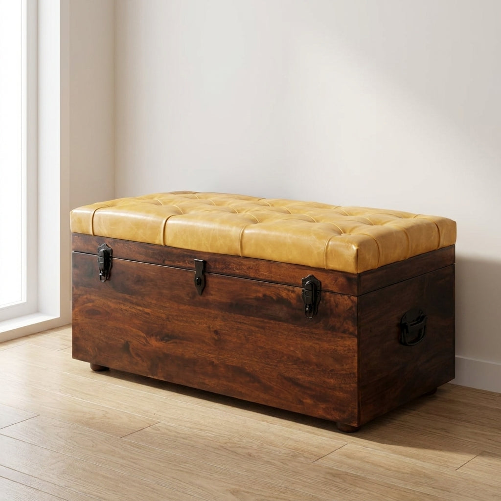 Tan Leather Storage Trunk Bench in Solid Mango Wood