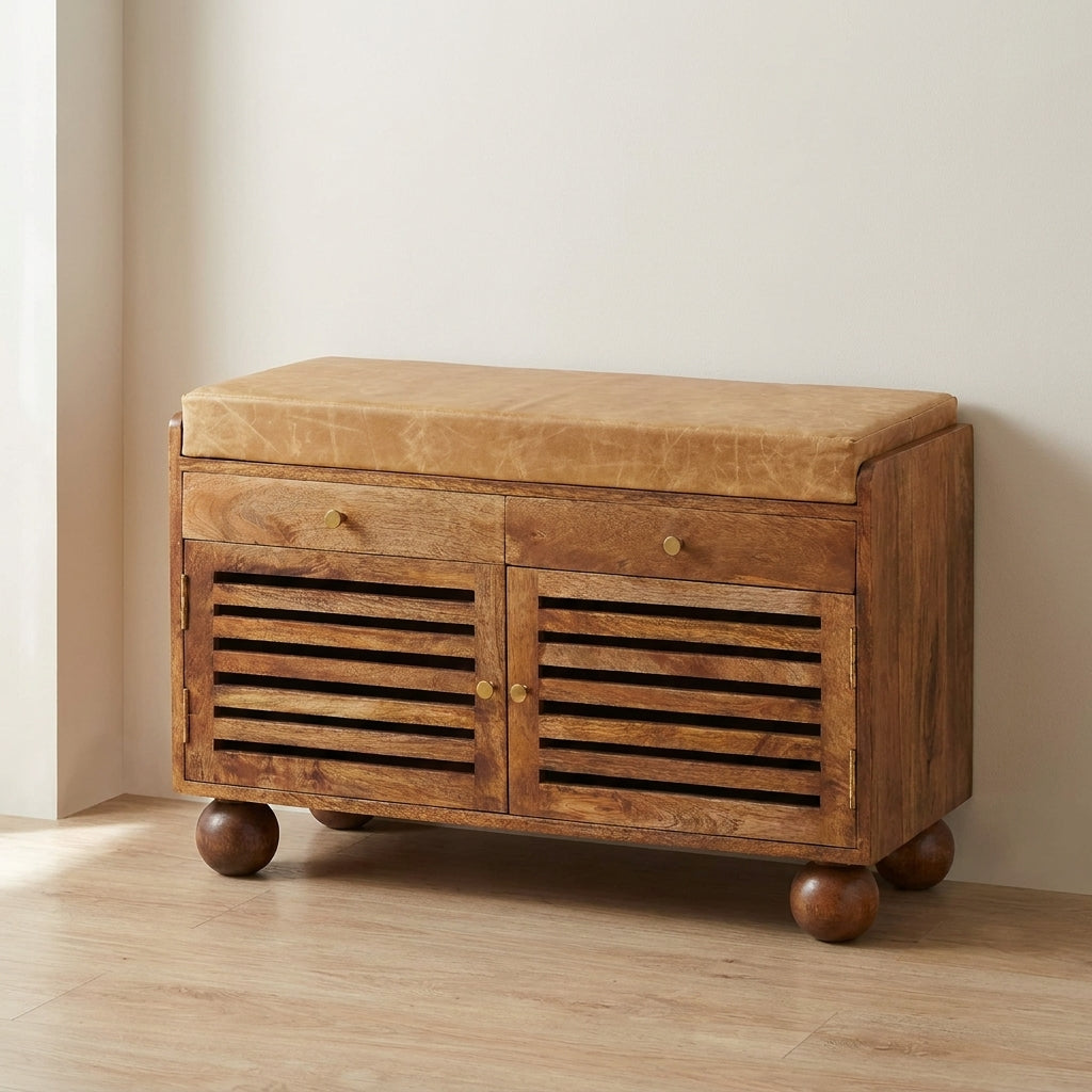 Amber Oak Bola Shoe Storage Bench in Solid Mango Wood