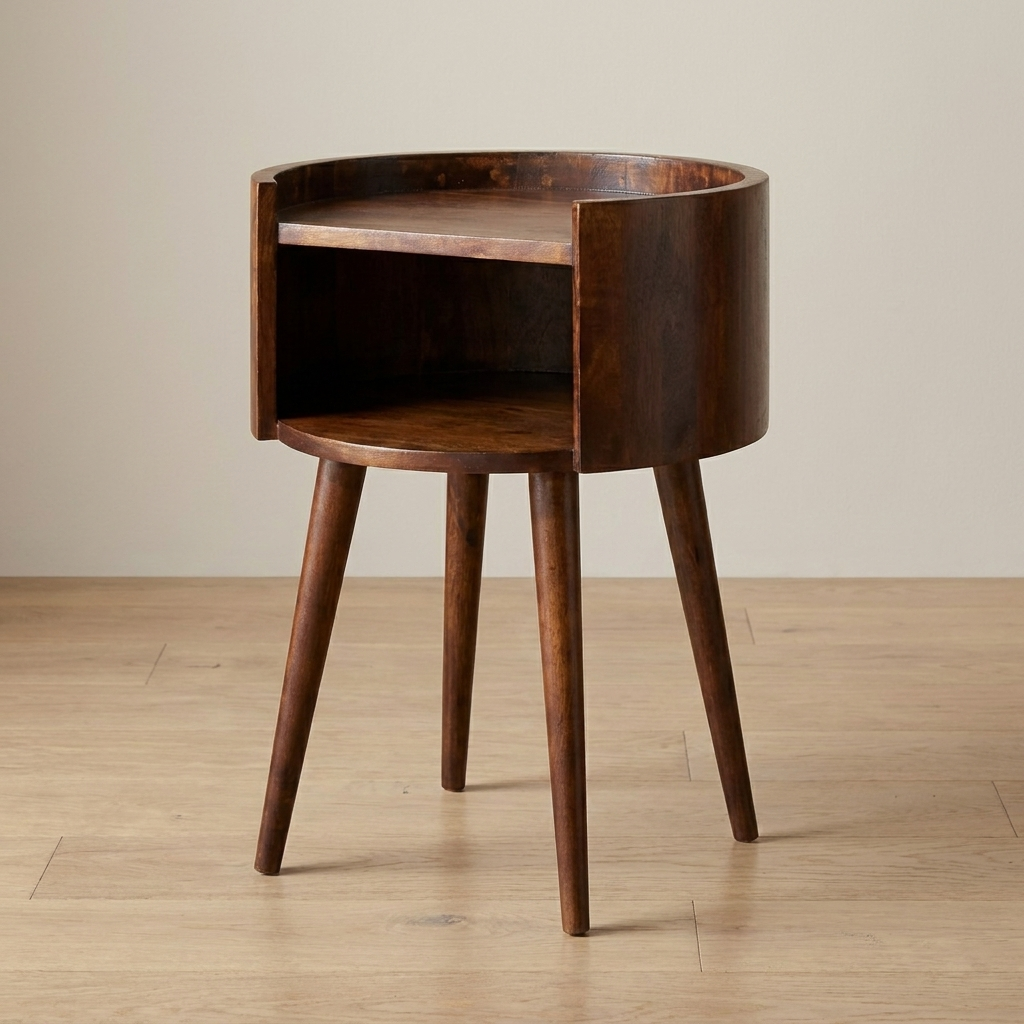 Chestnut Round Open Slot Nightstand - Solid Mango Wood Bedside Table for Bedroom