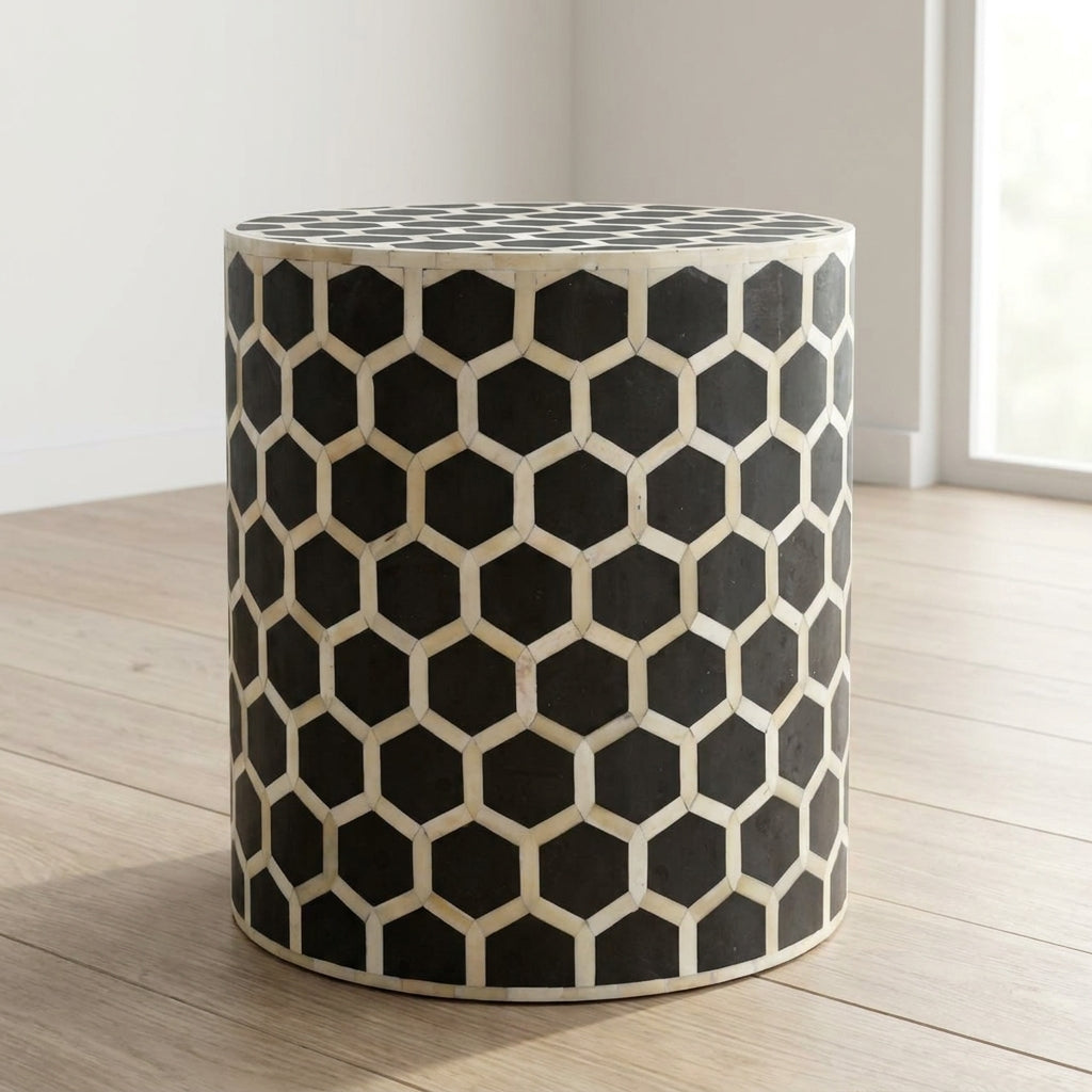 Bone Inlay Occasional Stool - Solid Mango Wood End Table